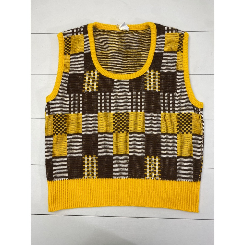 Ship 'n Shore Sweater Vest Women S Vintage 70s Yellow Brown Plaid Knit Geometric - Picture 5 of 13